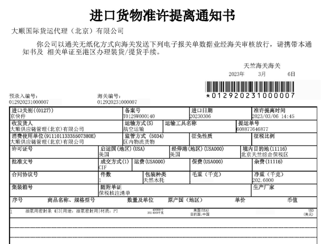 進(jìn)口貨物準許提離通知書(樣(yàng)例)