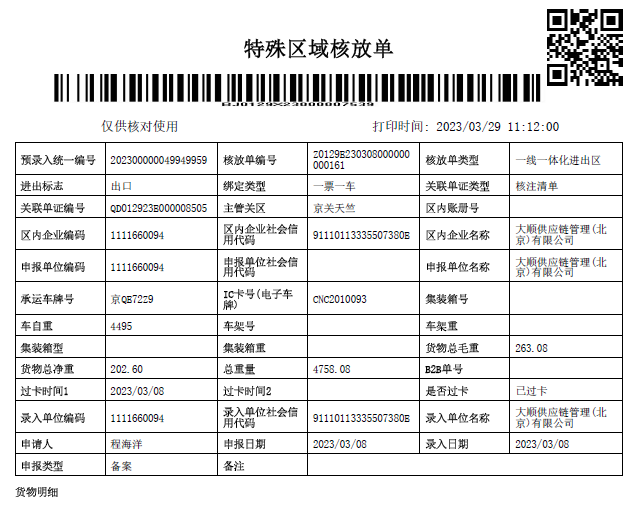 重車出區核放單(樣(yàng)例)